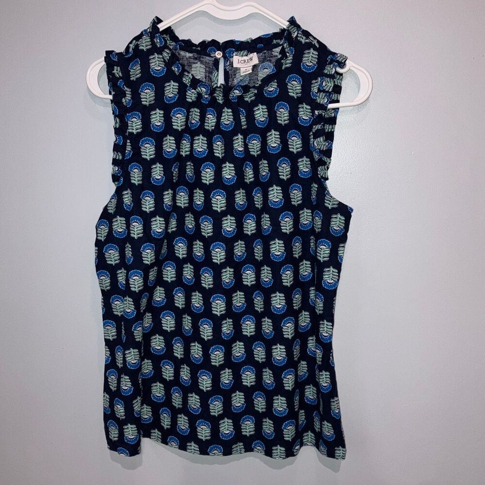J. Crew Floral Print Blue Flutter Sleeve Top Linen Blend Size Small #782